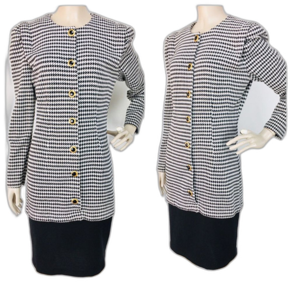 VTG All That Jazz Knit Color Block Houndstooth Puff Sleeve Sweater Dress Suit - Picture 1 of 8